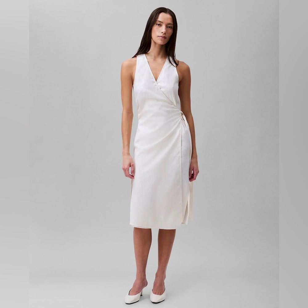 CALVIN KLEIN LINEN COTTON SLEEVELESS MIDI WRAP DRESS RESORT Antique White XL